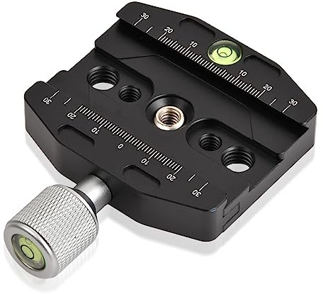 70mm Placa Liberación Rápida, Abrazadera de Liberación Rápida en Aleación de Aluminio con Tipo de 1/4y 3/8 Tornillo y Burbuja de Nivel Compatible con Arca Swiss, Trípode, Monopié, Rótula de Bola