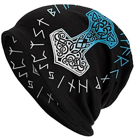 Wikinger Bedruckte Thors Hammer Beanie Mütze - Männer Frauen Verstellbare Doppelschicht Skullies Dünne Haubenkappen - Nordischer Pirat Mittelalterliche Hip Hop Mode Lässige Kopftücher