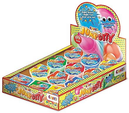 JUMPUTTY Hüpfende Kinderknete Komplettes Thekendisplay mit 24 Dosen , Springknete zum Mitnehmen , 5 verschiedenen Farben