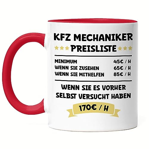 Hey!Print KFZ Mechaniker Preisleiste Tasse Rot Schwarz Beruf Arbeit Job Autos Autohaus Technik Werkstatt Werkzeug Auto