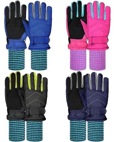 Yaomiao 4 Pairs Kids Winter Long Gloves Waterproof Children Long Cuff Snow Mittens Windproof Ski Gloves for Outdoor(10-12 Years,Royal Blue, Rosy, Black, Dark Blue)