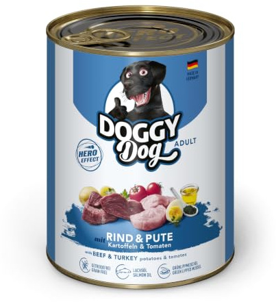 DOGGY Dog Paté nötkött & kalkon, 6 x 800 g, våtfoder för hundar, spannmålsfritt hundfoder med laxolja och grön läppmussla, komplett mat med potatis och tomat, tillverkad i Tyskland