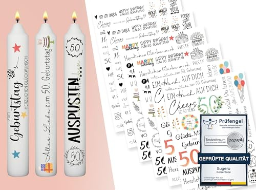 Sugeru® 6 X DIN A5 kerzenfolie(200+Muster) - 50. geburtstag, Kerzentattoo Wassertransferdruck | Wasserschiebefolie kerzen dekorieren,kerzenaufkleber sticker,deko 50 geburtstag geschenk Birthday(50)