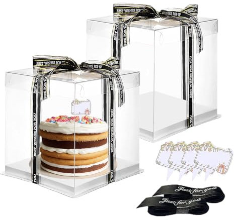 Vebetter 2pcs Boite a Gateau Transparente Boite Layer Cake Boite de Transport Gateau 22 x 22cm Réutilisable Boîte à Gâteaux en Plastique avec Ruban pour Gateau et Présentoir à Dessert, 6 inch.
