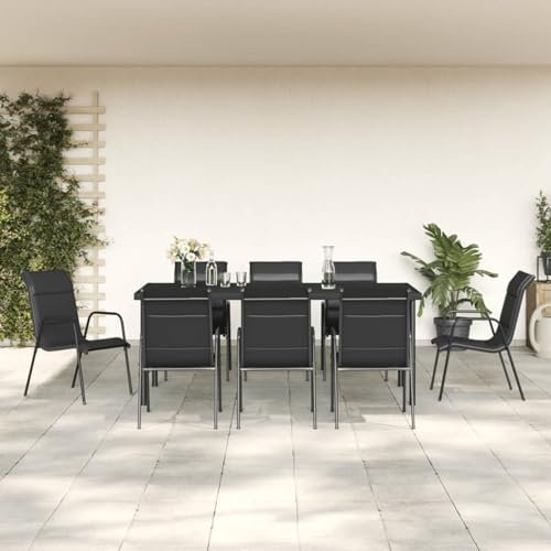 Homgoday Set da pranzo da giardino 9 pezzi in acciaio e textilene nero, sedia seduta poltrona tavolo cucina esterno terrazza patio balcone mobili tipo 3 set da giardino