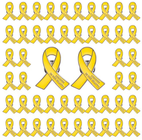 WANDIC 50pcs Yellow Ribbon Pins Bone Cancer Awareness Badges Sarcoma Cancer Brooch Memorial Ribbon Badges in Forever in Our Hearts for Funeral Mourning Event Bereavement Remembrance