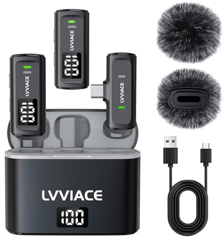 LVVIACE Micro Cravate pour téléphones avec Ports USB de Type C, 40 Heures d'autonomie avec boîtier de Chargement de l'émetteur à Affichage Numérique, Microphone de Lavalier sans Fil de 82 Pieds