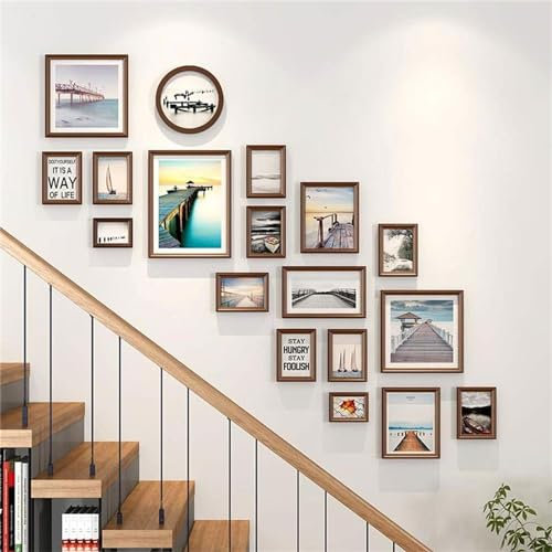 WBRSybUK Treppenhaus-Bilderrahmen Aus Mehreren Holzarten, Collage-Fotorahmen, Wanddekorationsset, 18 Stück, Für Treppen Und Zuhause