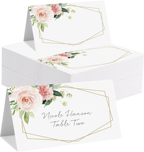 BetterJonny 100 Stück Hochzeit Tischkarten 90 * 100mm, Namenskarten zum Beschriften mit Elegantem Design, Tischdekoration Platzkarten für Kommunion Taufe Feier (Blume-A)