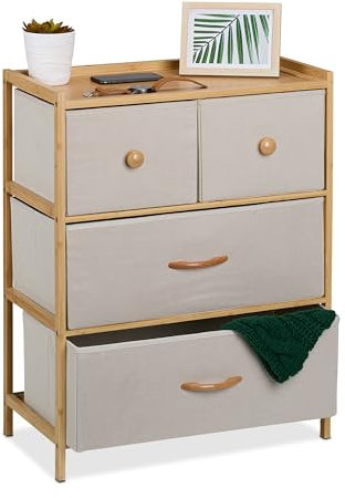 Relaxdays Cómoda de Bambú, 4 Cajones Tela, Cajonera Salón, Aparador Dormitorio, 73 x 57,5 x 30 cm, Natural y Beige