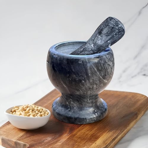 Premium Marble Pestle and Mortar Set – Heavy Duty Stone Grinder for Crushing Herbs, Spices, and Seeds – Non-Slip Base – Ideal for Kitchen and Cooking (Black - 5.11 Inch, .)