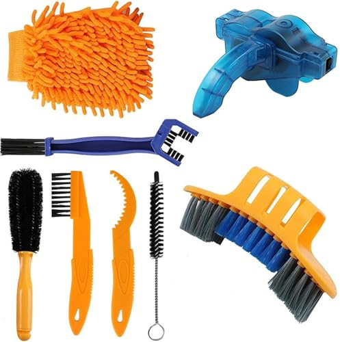 8 Pcs Bike Cleaning Brush Kit Nylon Bristles for Chain Tyre Cassette | Ergonomic Non-Slip Handle, Deep Dirt & Mud Removal, Fits Most of Bike Models, Includes Storage Pouch,Tool-Free Chain Cleaning