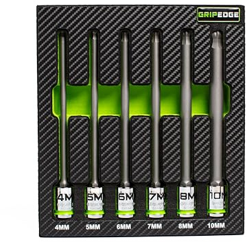 Grip Edge | 6-PC RPT 3/8'' Drive Long Metric Ball Hex Driver Set | Includes Sizes 4mm, 5mm, 6mm, 7mm, 8mm & 10mm| Includes Premium Foam Storage Tray |