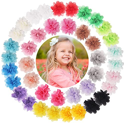 JOYOYO 40 Pcs Baby Girl Hair Clips and Bows Vibrant Colors Chiffon Flower Bows - Hair Clips for Girls Bunches In Pairs Small Size 2 Inch