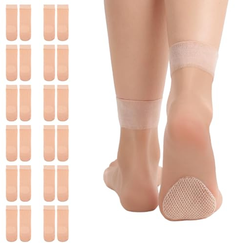 Giantree 12 Paar Nylonstrümpfe Damen, Durchsichtiges Söckchen mit Rutschfeste Unterseite Kurze Durchsichtiges Sommersocken Beliebte Atmungsaktive Trachtensocken Nylonstrümpfe (Hautfarben)