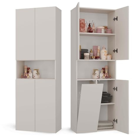 CDF Badezimmerschrank Bad Schrank Mit Wäschekorb Kashmir Badschrank | Mehrzweckschrank Badregal Stehend Hochschrank Offene Regale Tür Bodenschrank Allzweckschrank 1 Wäschekorb 174x60x30