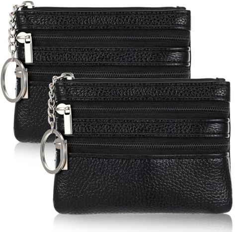 Nogeqi 2 unidades de estuche de cuero para llaves de hombre y mujer, estuche para llaves de coche, mini monedero para mujer, monedero pequeño, monedero de poliuretano, color negro