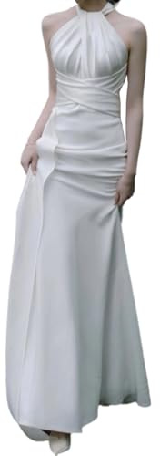 Enigmaire Vestido De Novia,Vestido De Novia Blanco con Colas,Sin Mangas Vestido De Novia De Sirenas,A-LíNea Vestido De Novia Civil,SatíN,DiseñO De Cuello Halter,para Bodas,Fiestas,Bailes