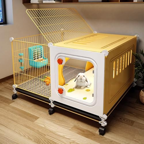 Hasenkäfig Indoor mit Rädern, Haustierhaus für Kaninchen und Meerschweinchen, mit Futtertrog, Wassernapf, Grasnest, leicht zu reinigender Kaninchenkäfig