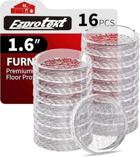 Ezprotekt 1.6 inch Clear Non Slip Furniture Pads for Hardwoods Floors | 16 Pcs Non Skid Round Rubber Furniture Coasters Cups Floor Protectors for Sofa Bed Couch Chair Desk, Prevent Scratches
