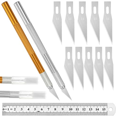 ARWIG Conjunto de 2 Cuchillos Artesanales | Escalpelo de Precisión | Cúter para Manualidades con 10 Hojas de Repuesto y Regla de Medición | Herramienta de Precisión para Papel Pintado y Manualidades