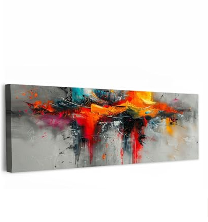 MuchoWow© Leinwandbilder Decoration Bilder für die Wand Schlafzimmer Canvas | 150x50 cm - Painting XXL Wanddekoration Panorama Großes Wandbild Moderne Kunst - Orange - Grau - Abstrakt