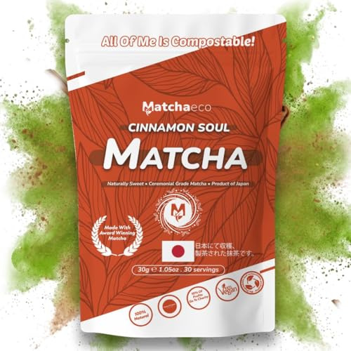Matchaeco Cinnamon Soul Matcha Powder 30g – Japanese Ceremonial Green Tea with Natural Cinnamon, Smooth Warm Spiced Matcha, Eco Compostable Pouch, Vegan Energy Tea