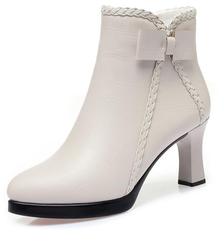 Lossarye Women’s Pointed Toe High Heel Ankle Boots Side Zip Comfortable Fur Lined Autumn Winter Kitten Heel Dress Booties (White,6)
