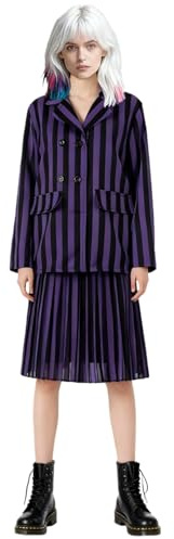 Students Uniform Costume Set, Striped Coat and Skirt Suits for Adult, Adams Enid Cosplay Dress Outfits School Girls Gothic Fancy Dress for Christmas Halloween Book Day School Party Dress Up (Purple)