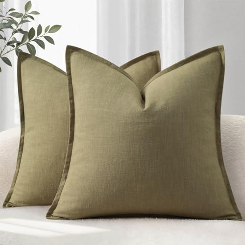 YCOLL Kuddöverdrag 45 x 45 cm, bekväma och mjuka, naturligt linnetyg, kuddöverdrag, enfärgat, kudde för modern soffa, dekorativa kuddöverdrag, för olivgrönt soffa