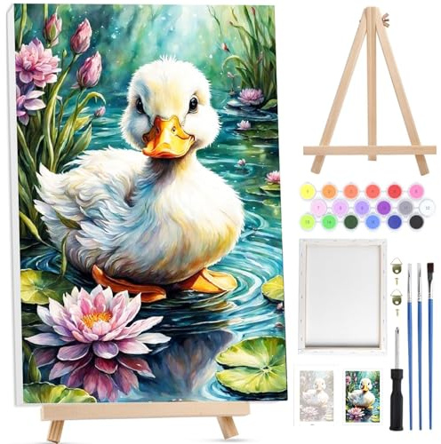 Bowetile Easter Paint by Numbers for Adults with Framed Canvas&Wooden Easel, Duck Painting by Numbers Kit for Adults Beginners Canvas Kit,Color Oil Painting Acrylic Paints for Home Wall Decor20x30cm