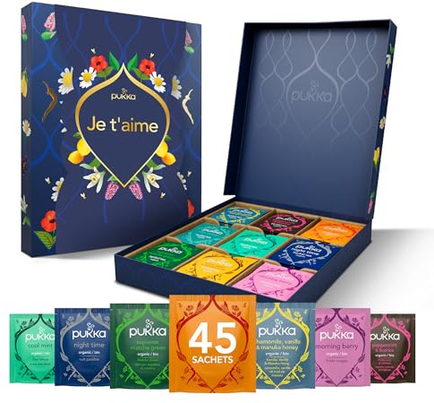 Pukka Coffret Sélection - Cadeau “Je t’aime”, Coffret Tisanes & Thé 100% Bio, Femme et Homme, Saint‑Valentin, 9 Saveurs, 45 Sachets