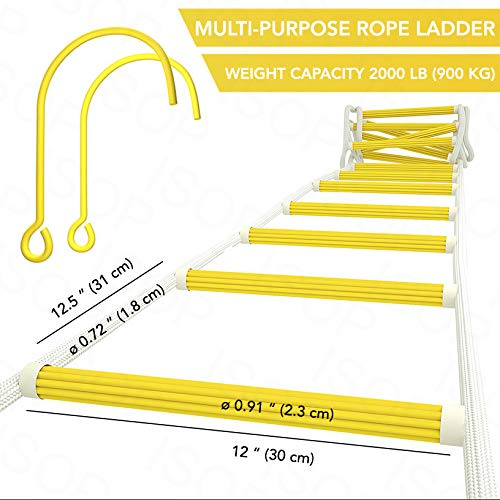 ISOP Fire Escape Ladder for Second Story Windows 8 ft Weather Resistant Safety Rope Ladder with Hooks - Weight Capacity up to 2000 Pounds