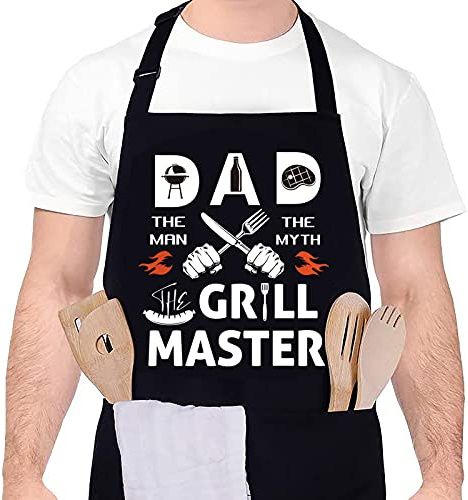 SOSPIRO Lustige BBQ Cooking Neuheit Schürze, DAD Grill Master, lustige Küchenschürze mit verstellbaren Taschen, Kochschürze, schwarze Schürze, Geburtstagsgeschenke für Ihren Vater, Vater, Ehemann