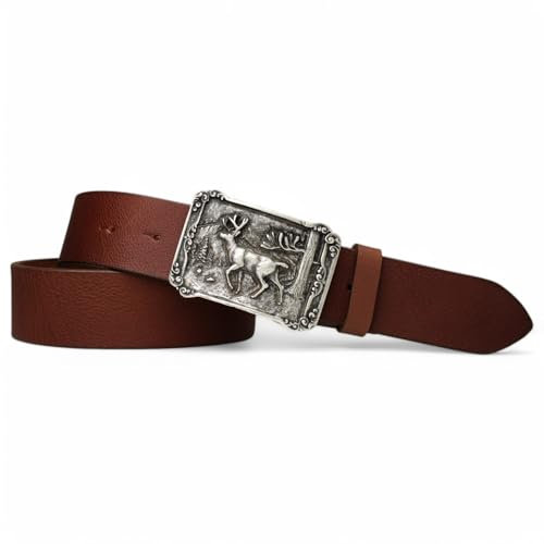 FRONHOFER Trachtengürtel aus echtem Leder 4 cm breit mit silberfarbener Schnalle Hirsch im Wald 7,5x5,5 cm Größen 95-125 Druckknopfsystem wechselbare Schnalle Landhausmode Made in Germany