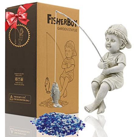 Yeomoo Angeln Little Boy Deko Gartenfiguren für Draußen, Lustig Kinder Fischer Figur Gartendeko für Wohnzimmer Teich Balkon Geschenke für Männer Frauen Mama Geburtstag Wasserdicht Feengarten Grau 28CM
