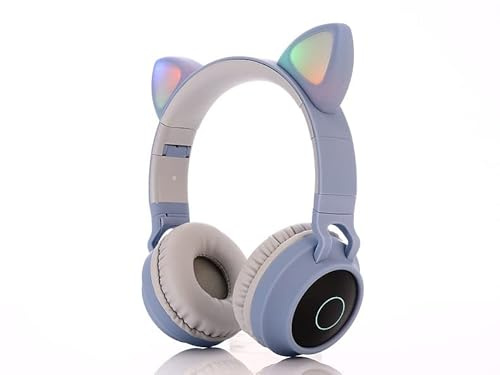 Bluetooth, Casque Chat Oreille sans Fil, Casque Audio Enfant Adultes, Pliable et Ajustable, LED Lumineuse, pour Ordinateur et Téléphone. (Bleu Gris)