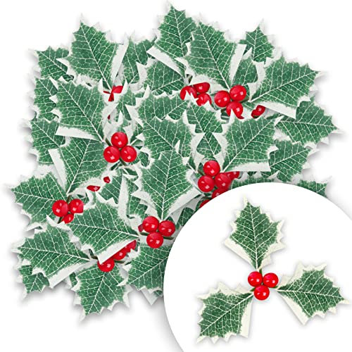 Yisscen Weihnachten Rote Beeren Deko, 20 Stück Künstliche Stechpalmenblätter mit Beeren, Mini Rot Holly Berry Künstliche Blumen für DIY Weihnachtsbaum/Weihnachtskranz/Tisch/Geschenkbox Dekorationen