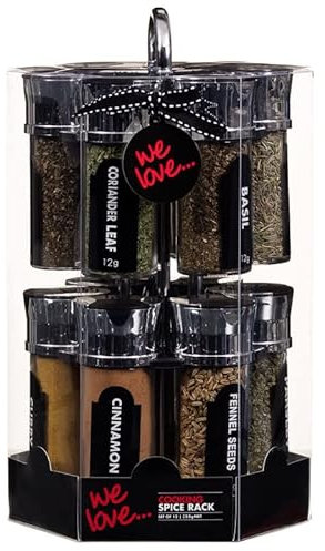 HOMELOX 12pk Cooking Spices and Herbs Rack 12 Set Spice Jar Standing Rack with Chrome Turn able Revolving Stand Kitchenware Essentials 12 Herbs and Spices Included