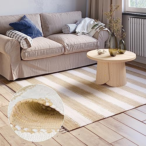 MY-RUG Flickenteppich 120 x 170 cm - Patchwork Fleckerlteppich Baumwolle | Moderner Kelim Teppich im Chindi Look, gestreifter Wendeteppich mit Fransen, allergikerfreundlich & robust, Aarav Weiß Beige