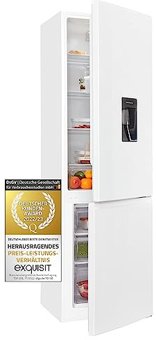 Exquisit Kühl-Gefrierkombination KGC265-70-WS-040D weiss | 260 l Nutzinhalt | Kühlgefrierkombination freistehend mit Wasserspender | Alarm | 4 Sterne gefrieren