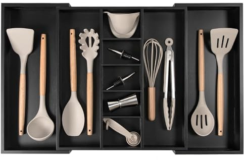 KitchenEdge Organiseur de tiroir de cuisine réglable pour ustensiles et déchets, extensible de 40,6 à 71,1 cm de large, 9 compartiments, finition noire de qualité alimentaire avec 100% bois de bambou