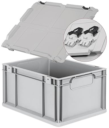 Eurobox NextGen Economy 40x30x22cm Griffe geschlossen mit Scharnierdeckel grau, Kunststoffbox 20 Liter stapelbar Transportbox, Campingbox Farbe Deckel-Verschlüsse wählbar (Verschluss Schwarz)