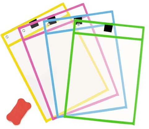 MUNSKT 4 bolsillos reutilizables de borrado en seco, bolsa transparente para tablero de escritura, soportes de papel de plástico, fundas de fácil carga para aula, trabajo en casa, se adapta a archivo