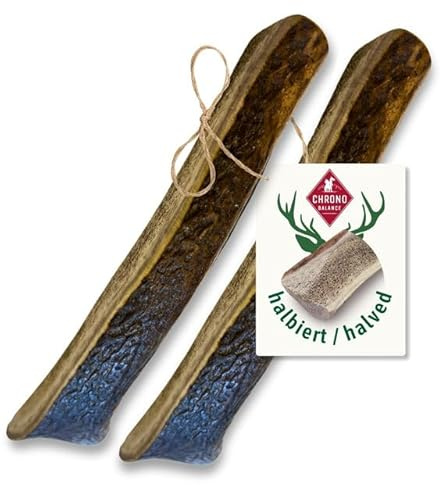 ChronoBalance® S - Hirschgeweih für Hunde – 2er Set Halbierte Kauspielzeuge, 100% Natürliches Kauknochen Hundespielzeug zur Zahnpflege, Nachhaltige Hunde Kauartikel ohne Chemie