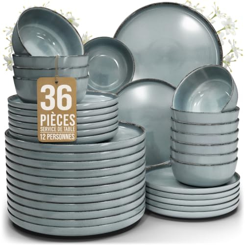 Service de table rustique en grès Rustic - 36 pièces pour 12 personnes - Vaisselle style maison de campagne Pure Living, assiettes et bols - Passe au lave-vaisselle - Bleu fumé