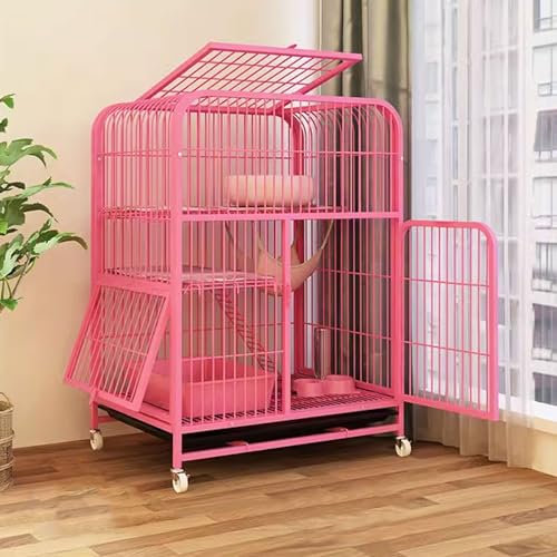 Katzengehege Indoor mit Dach, Kaninchenstall mit 4 Räder, Käfig mit Abnehmbaren Rampen & Plattformen, mit Tür Und Netz, Kaninchenstall mit Zubehör ( Color : Pink , Size : 78*55*107cm )