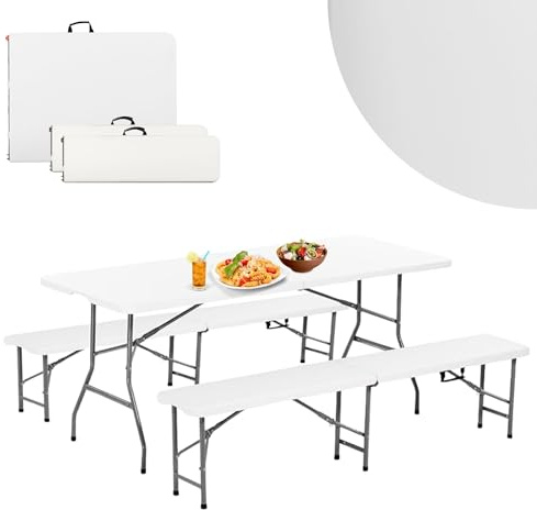 DIVID Bierzeltgarnitur 3-teilges Set|Tisch + 2 Bänke|Für drinnen und draußen|klappbar mit Tragegriffe|HxBxT: 73x180x75cm|Gartentisch (DIV-202/WHITE Set)