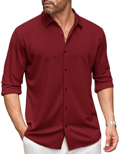 COOFANDY Chemise Homme Manches Longues Regular Fit Button Down Shirts Repassage Facile Chemise Loisirs Business Shirts Rouge vin XL