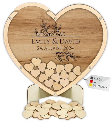 Manschin-Laserdesign Gästebuch Drop in aus Holz und Acrylglas zur Hochzeit, personalisiert, Wunschgravur, Wunschfarbe inkl. Herzen (Holz)